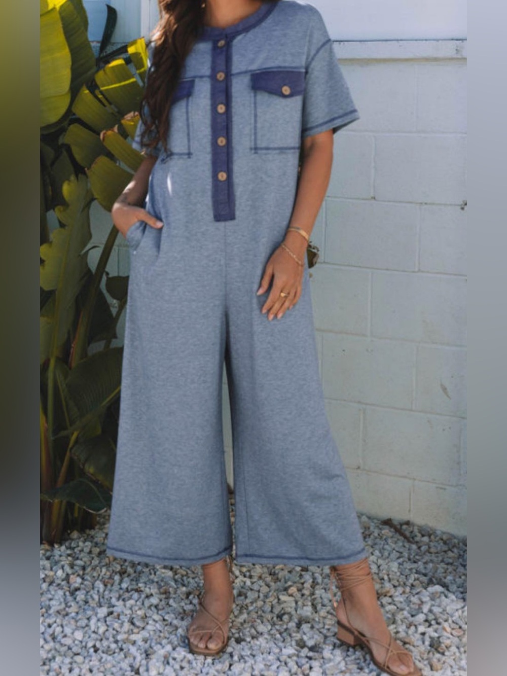 Casual Blue Women's Jumpsuit with Button Front